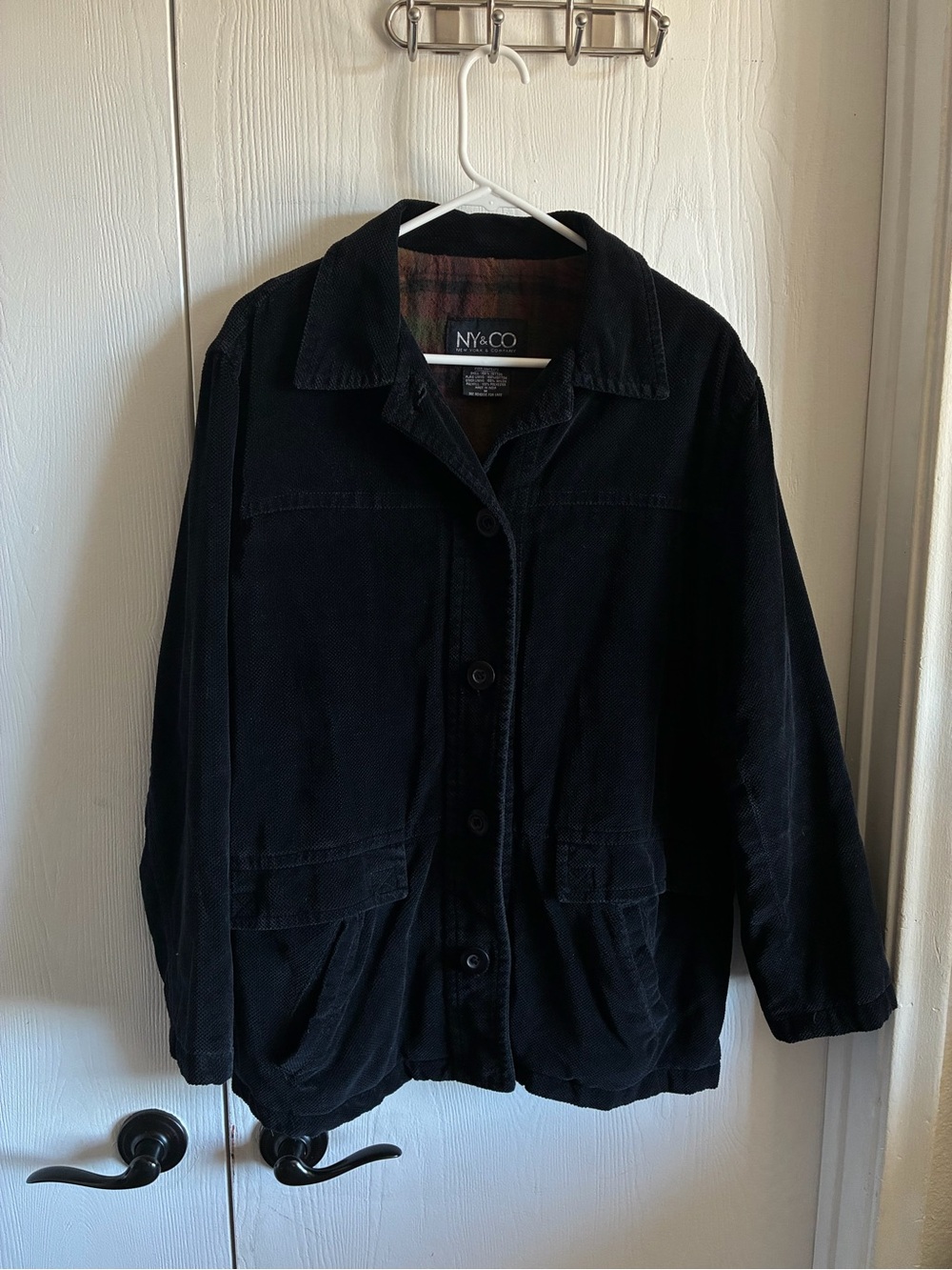 New York & Company Men’s Size M Dark Blue Button Up Chore Coat Plaid Interior
